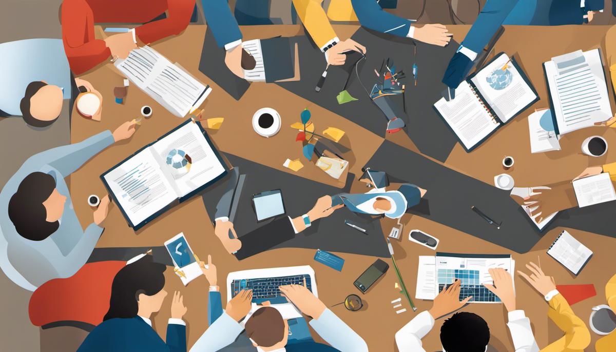 Image illustrating the concept of understanding leadership, showing a group of diverse people collaborating and working towards a common goal.