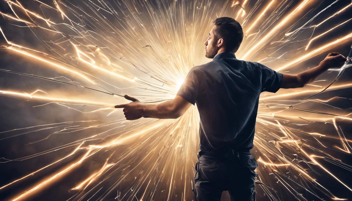 Image depicting the concept of applying oneself, with a person focused on work and surrounded by arrows representing energy and dedication.