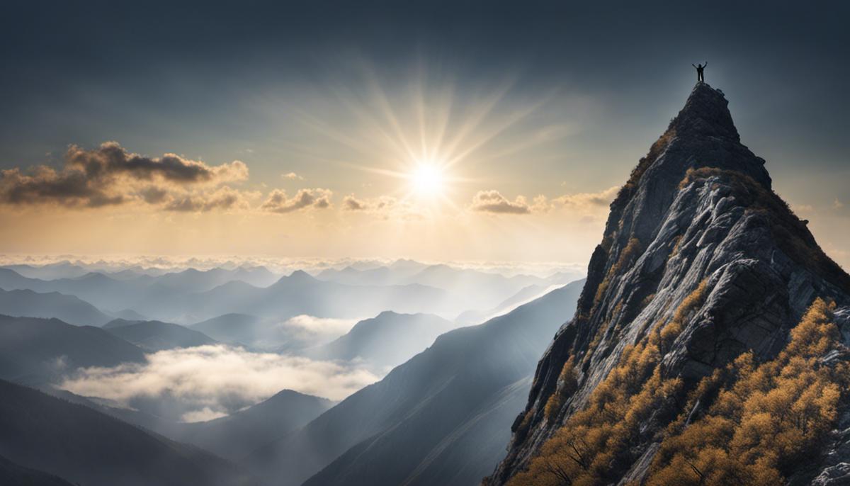 Image depicting a person reaching a mountain peak, representing the concept of achieving goals.